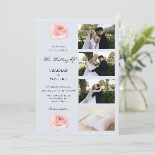 Elegance Roos Roze en Collage 4 Fotobruiloft Kaart (Staand voorkant)