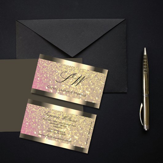 Elegance Roze Lila Gouden Glitter met Initialen Visitekaartje