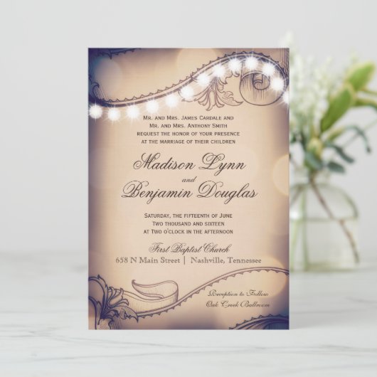  Elegance Rustic Lights Wedding Invitation Kaart (Staand voorkant)