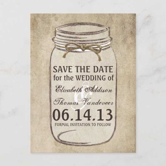 Elegance Twine Mason Jar Save the Date Aankondigingskaart (Voorkant)