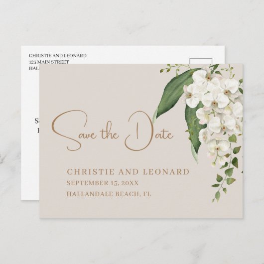 Elegance White Orchid Save the Date Briefkaart (Voorkant / Achterkant)
