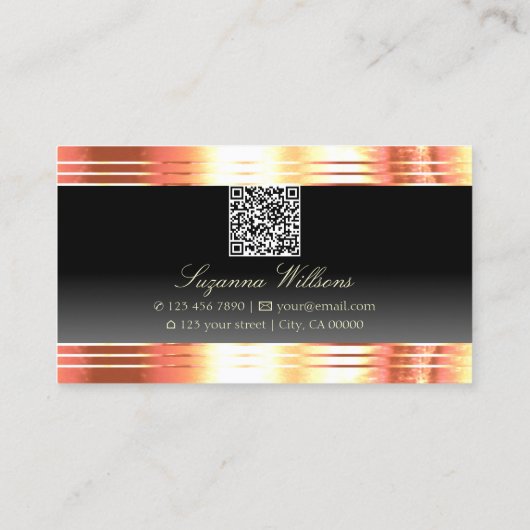 Elegance Zwart met Roos Gouden Grenzen en QR-code Visitekaartje (Achterkant)