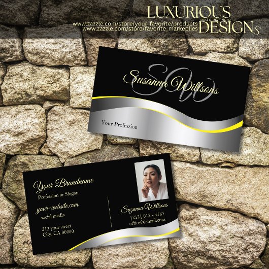 Elegance Zwart Wavy Zilveren Decor Initialen Foto Visitekaartje