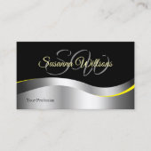 Elegance Zwart Wavy Zilveren Decor met Initialen Visitekaartje (Voorkant)