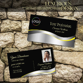 Elegance Zwart Wavy Zilveren Decor met Logo Foto Visitekaartje