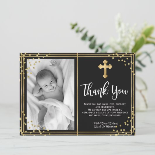Elegand Goud en Zwart Doop Dank u Kaarten (Staand voorkant)