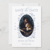 Eleganse Blauwe Bloemen Foto Bruiloft Save The Date (Voorkant)