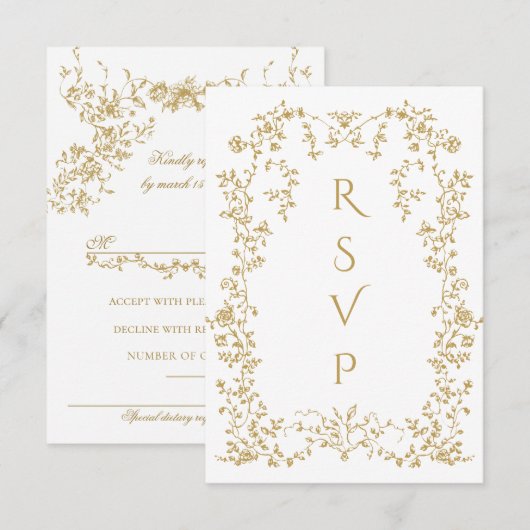  Eleganse Golden Flowers Foto Bruiloft RSVP Kaartje (Voorkant / Achterkant)
