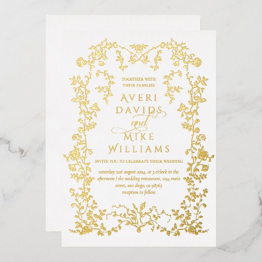  Eleganse Golden Flowers Lijst bruiloft Folie Uitnodiging (Voorkant / Achterkant)