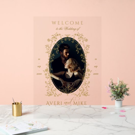  Eleganse Gouden Bloemen Foto Huwelijk Welkom Acryl Bord (Huwelijk)