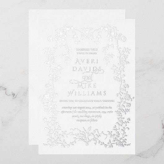 Eleganse Zilveren Bloemen Lijst Bruiloft Folie Uitnodiging (Voorkant / Achterkant)