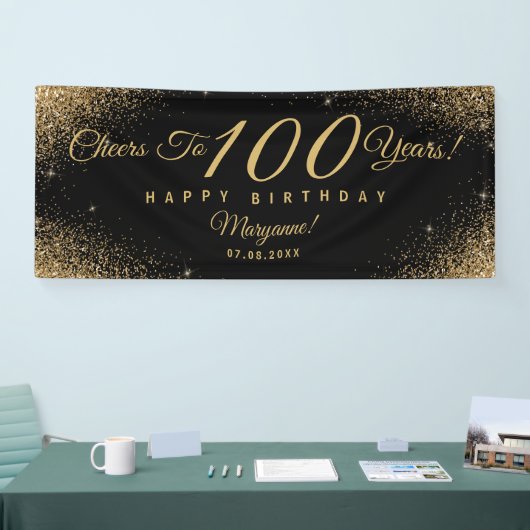 Elegant 100 Verjaardagsfeestje Zwart Goud Naam Scr Spandoek (Beurs)
