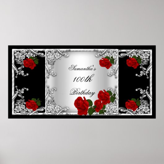 Elegant 100e verjaardag Red Rose Silver Poster (Voorkant)