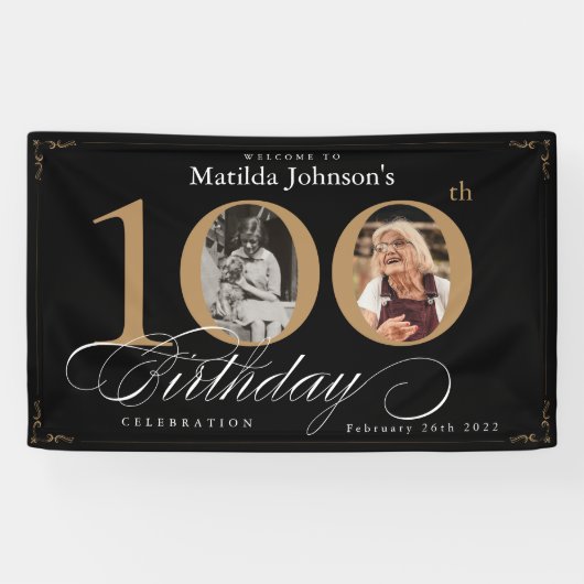 Elegant 100th Birthday Custom Photo Party Spandoek (Horizontaal)
