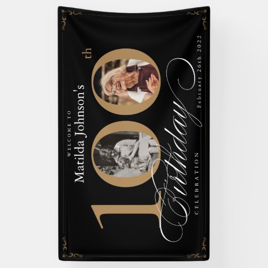 Elegant 100th Birthday  Custom Photo Party Spandoek (Verticaal)