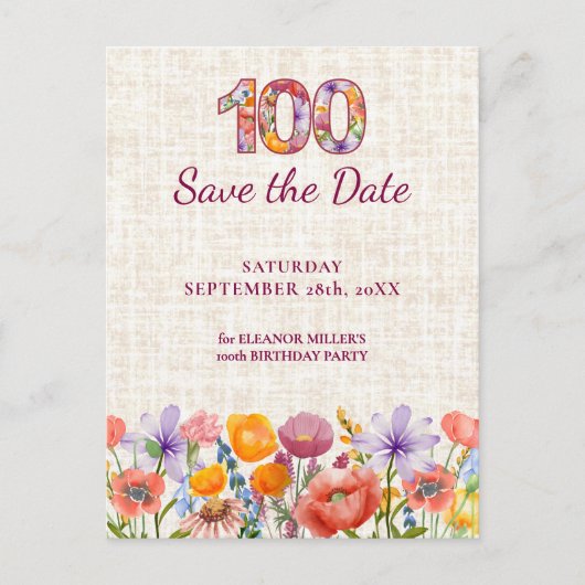 Elegant 100th Birthday - Floral Numbe 100 Aankondigingskaart (Voorkant)