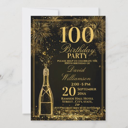 Elegant 100th Birthday Gold Bottle Fizz Kaart (Voorkant)