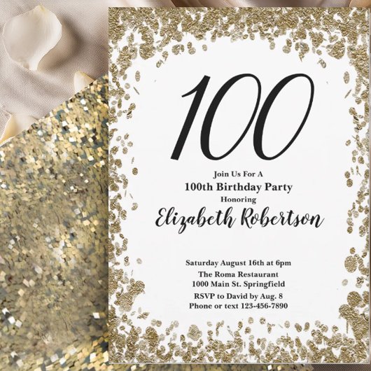 Elegant 100th Birthday Invitation For Her in Gold Kaart