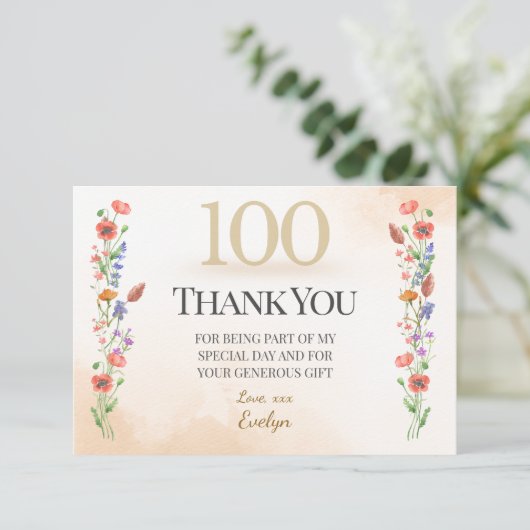 Elegant 100th Birthday – Wildflowers Design Bedankkaart (Staand voorkant)