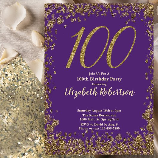 Elegant 100th Purple Birthday Invitation Gold  Kaart