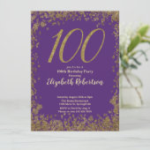 Elegant 100th Purple Birthday Invitation Gold  Kaart (Staand voorkant)