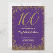 Elegant 100th Purple Birthday Invitation Gold  Kaart (Voorkant)