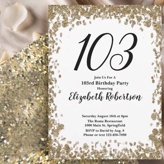 Elegant 103rd Birthday Invitation For Her in Gold Kaart