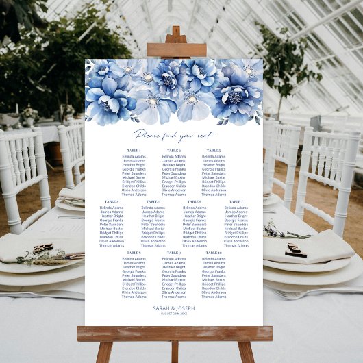 Elegant 10 Tafel Blauw Bloemen Trouwstoel Grafiek Poster