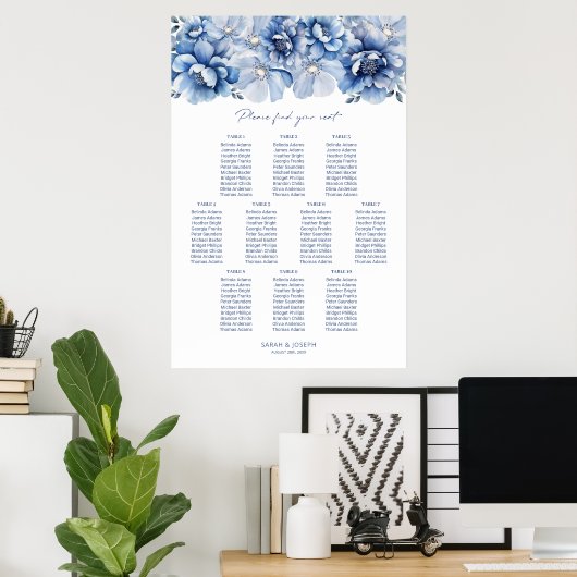 Elegant 10 Tafel Blauw Bloemen Trouwstoel Grafiek Poster (Thuiskantoor)