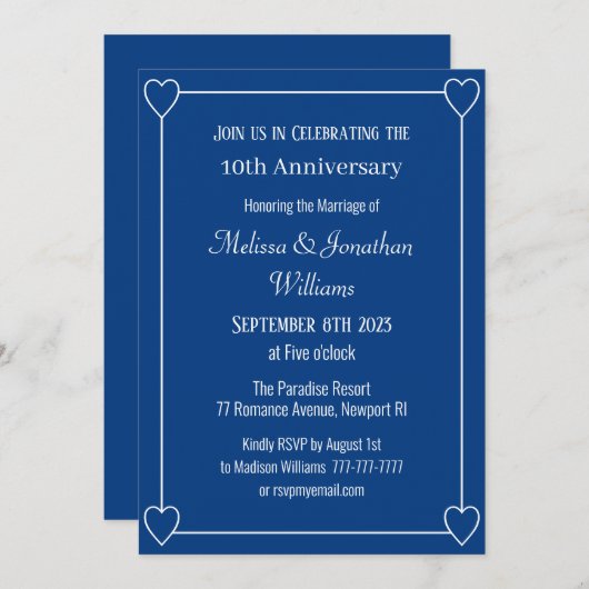 Elegant 10e Jubileum Romantisch Harten Blauw Kaart (Voorkant / Achterkant)