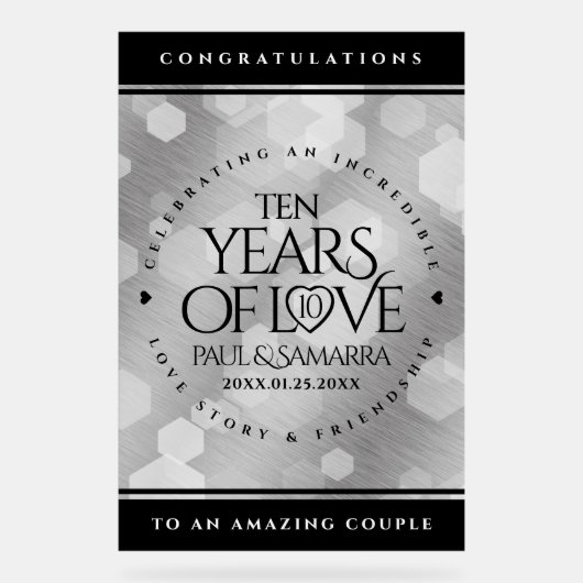 Elegant 10th Tin Wedding Jubileum Celebration Acryl Bord (Voorkant)