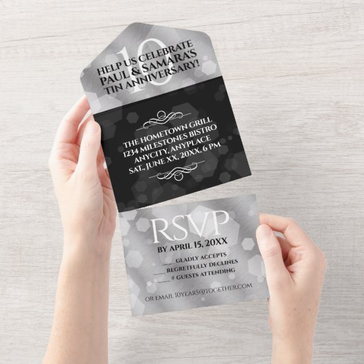 Elegant 10th Tin Wedding Jubileum Celebration All In One Uitnodiging (Afscheurbaar)
