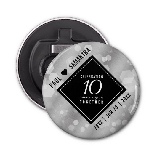 Elegant 10th Tin Wedding Jubileum Celebration Button Flesopener (Voorkant)