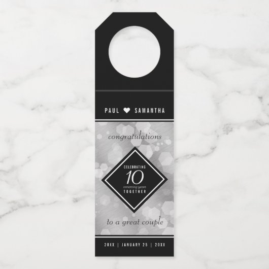 Elegant 10th Tin Wedding Jubileum Celebration Flessenhanger (Voorkant)