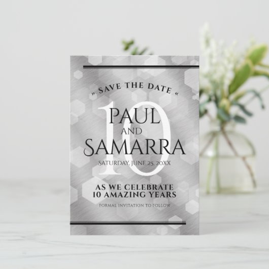 Elegant 10th Tin Wedding Jubileum Celebration Save The Date (Staand voorkant)