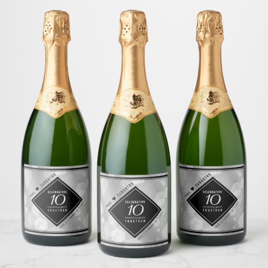 Elegant 10th Tin Wedding Jubileum Celebration Sparkling Wijnetiket (Flessen)
