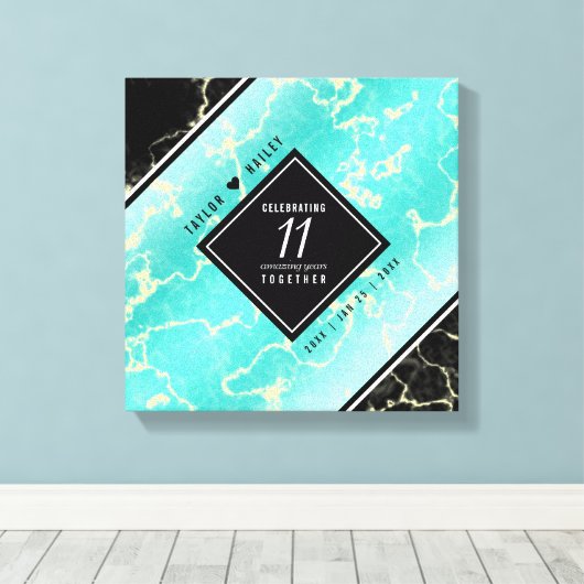 Elegant 11e Turquoise Wedding Jubileum Canvas Afdruk (Insitu (Houten vloer))