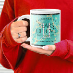 Elegant 11e Turquoise Wedding Jubileum Grote Koffiekop<br><div class="desc">Vier de 11e turquoise trouwdag met een paar van deze stijlvolle gigantische koffiemokken! Elegante letters op een gele marmeren en groenblauwe achtergrond voegen een memorabele touch toe voor deze speciale gelegenheid en mijlpaal. Personaliseer met de namen van het paar, huwelijksdata en/of felicitatieberichten. Omgekeerde shows identiek ontwerp. Ontwerp © W.H. Sim,...</div>
