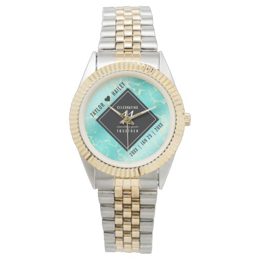 Elegant 11e Turquoise Wedding Jubileum Horloge (Voorkant)