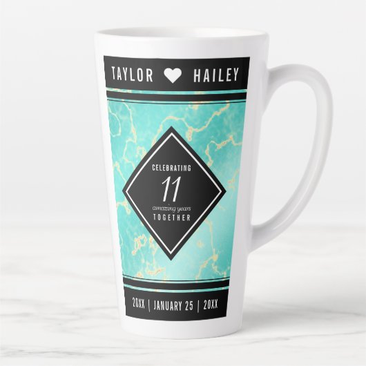 Elegant 11e Turquoise Wedding Jubileum Latte Mok (Rechts)