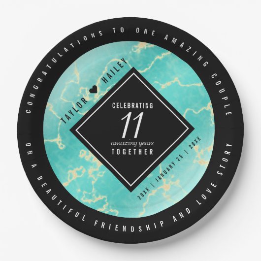 Elegant 11e Turquoise Wedding Jubileum Papieren Bordje (Voorkant)