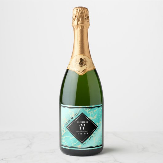 Elegant 11e Turquoise Wedding Jubileum Sparkling Wijnetiket (Voorkant)