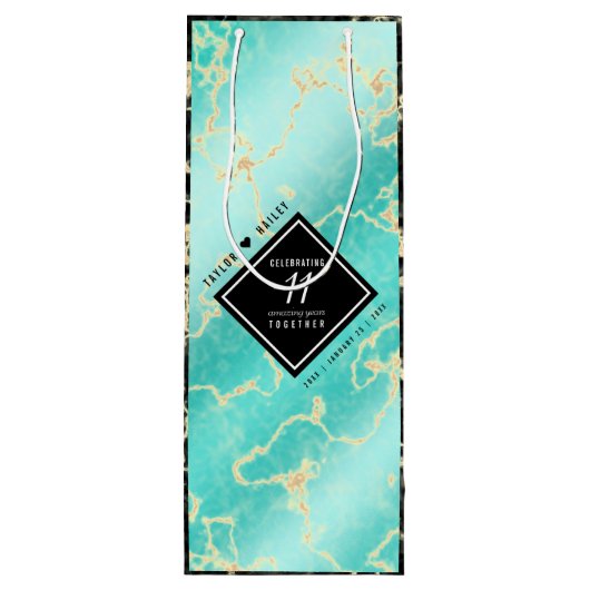 Elegant 11e Turquoise Wedding Jubileum Wijn Cadeautas (Achterkant)