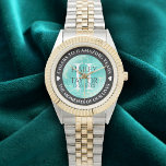 Elegant 11th Turquoise Wedding Anniversary Horloge<br><div class="desc">Celebrate the 11th turquoise wedding anniversary with this commemorative watch! Elegant lettering on a yellow marble and greenish blue background add a memorable touch for this special occasion and milestone. Customize with couple's names,  dates of marriage,  and congratulatory messages.

Design © W.H. Sim. See more at zazzle.com/expressionsoccasions</div>