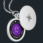 Elegant 12e Jubileum-feestdag zijderoute Locket Ketting<br><div class="desc">Herinner de 12e trouwdag met deze elegante medaille! Elegante witte serif en sans serif belettering op een luxe paarse zijden achtergrond voegen een memorabele touch toe voor deze speciale gelegenheid en mijlpaal. Pas aan met de namen van het gelukkige paar, en data voor hun zijdejubileum. Ontwerp © W.H. Sim, Alle...</div>