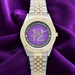 Elegant 12th Silk Wedding Anniversary Celebration Horloge<br><div class="desc">Celebrate the 12th silk wedding anniversary with this commemorative watch! Elegant lettering on a luxurious purple silk background add a memorable touch for this special occasion and milestone. Customize with couple's names,  dates of marriage,  and congratulatory messages.

Design © W.H. Sim. See more at zazzle.com/expressionsoccasions</div>