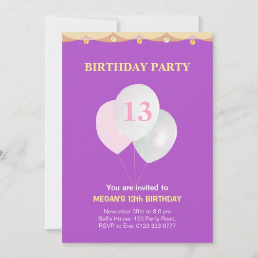 Elegant 13e uitnodiging van de Birthday Party (Voorkant)