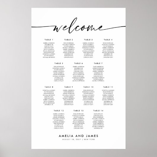 Elegant 14 Tafels Welkom Zitplaatskaart Poster (Voorkant)