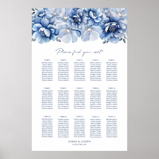 Elegant 15 Tafel Blauw Bloemen Trouwstoel Grafiek Poster (Voorkant)