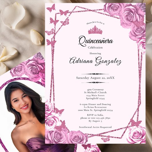 Elegant 15th birthday pink Quinceanera Kaart